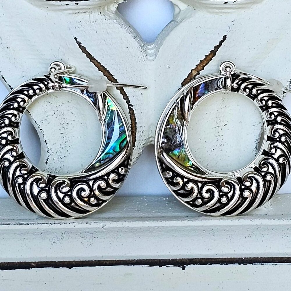 Earrings. Abalone and Silver Hoops. NWT. - Picture 5 of 6
